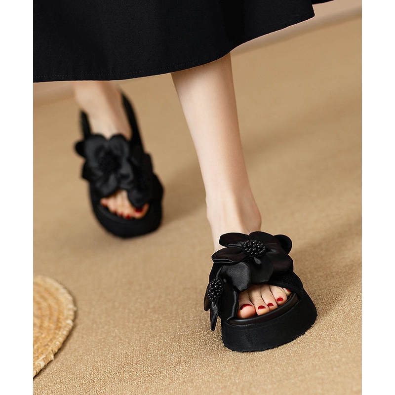 Stylish Black Floral Splicing Platform Slide Sandals