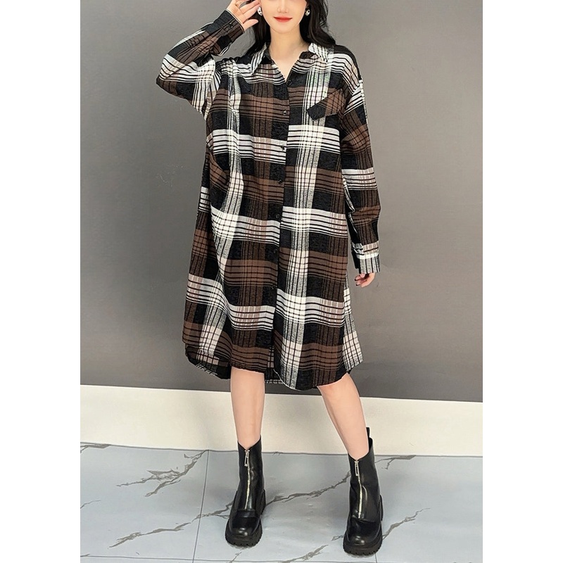 Stylish Coffee Plaid Button Cotton Shirts Dresses Fall
