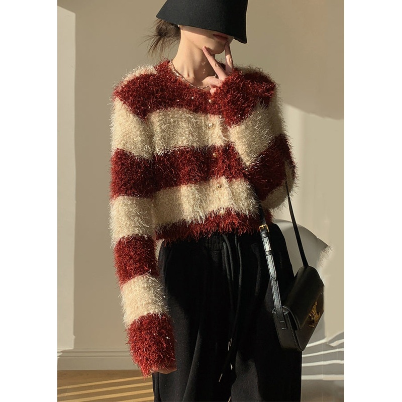 Stylish Red Striped Fluffy Button Knit Cardigans Winter