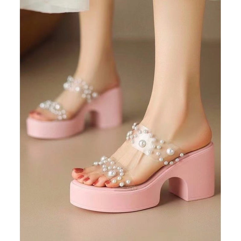 Stylish Splicing Platform Pink Slide Sandals Nail Bead
