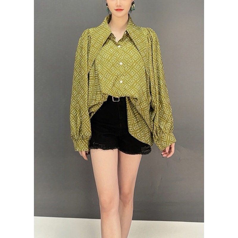 Stylish Yellow Peter Pan Collar Print Cotton Blouses Fall
