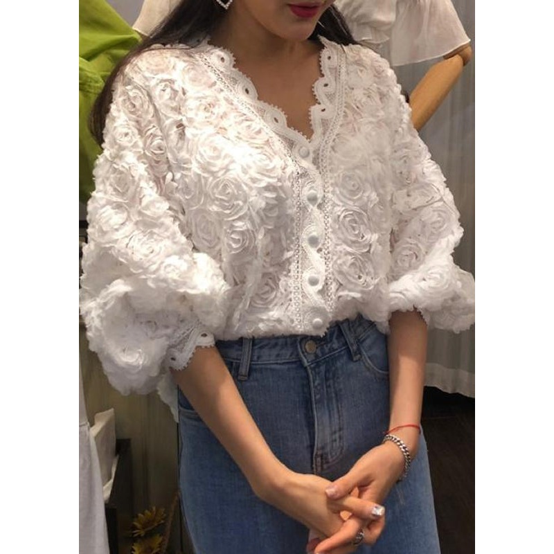 White Button Solid Lace Shirt V Neck Fall