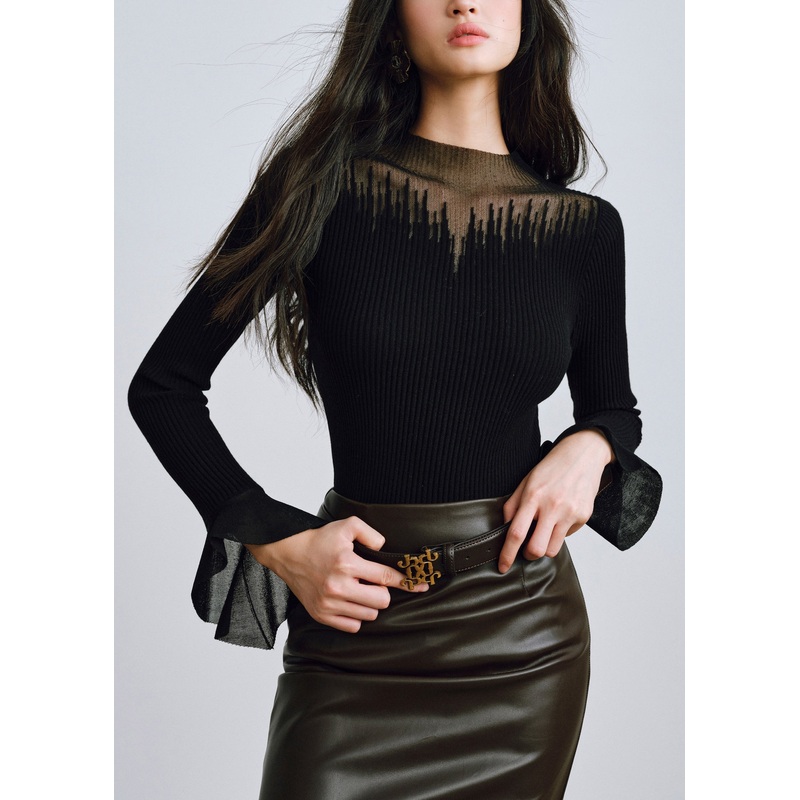 Women Black O-Neck Tulle Patchwork Knitting Cotton Tops Fall