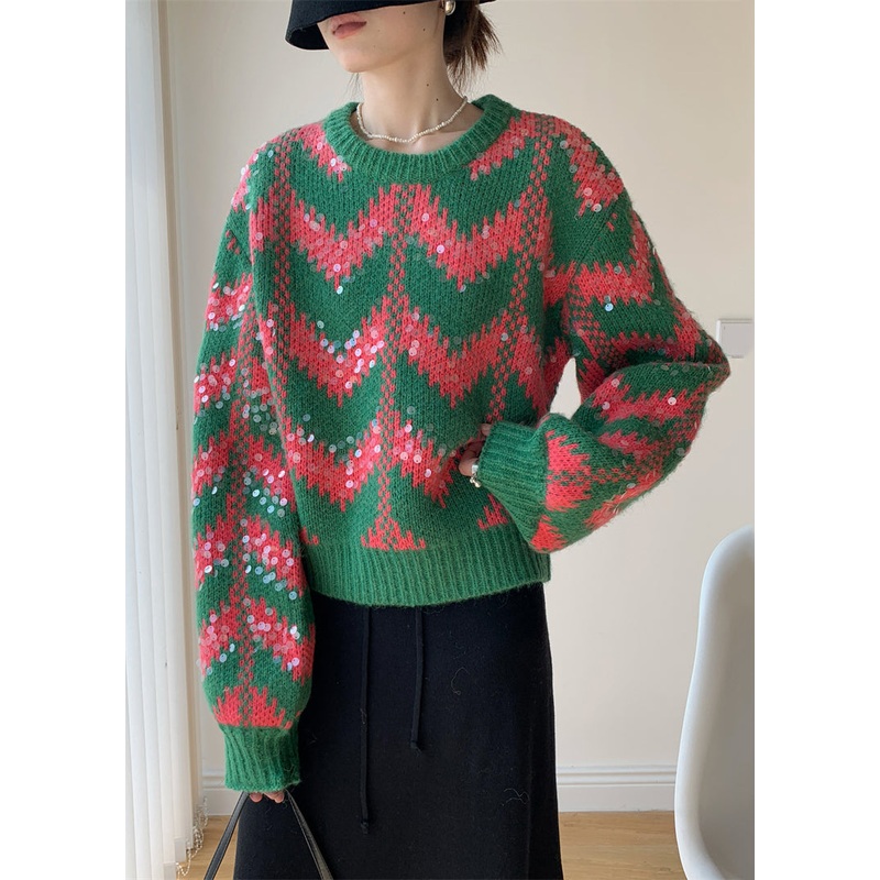 Women Green O Neck Sequins Patchwork Knit Sweaters Winter