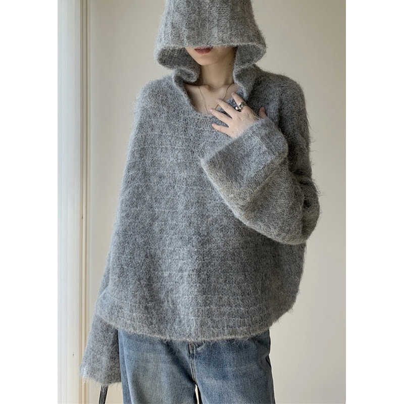Women Grey Hooded Solid Cotton Knit Sweaters Winter