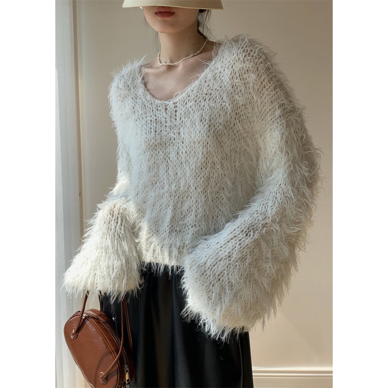 Women White Fluffy Hollow Out Knit Sweaters Winter