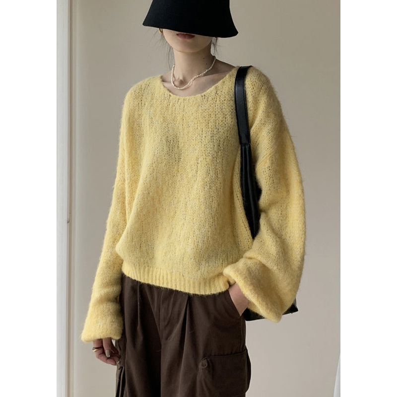 Yellow Solid Cotton Knit Pullover Sweater V Neck Winter