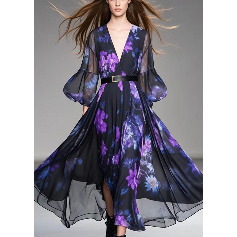 Art Black Cinched Print Chiffon Vacation Dresses Lantern Sleeve