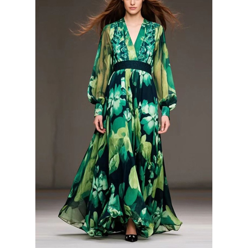 Art Green Cinched Print Chiffon Ankle Dress Fall
