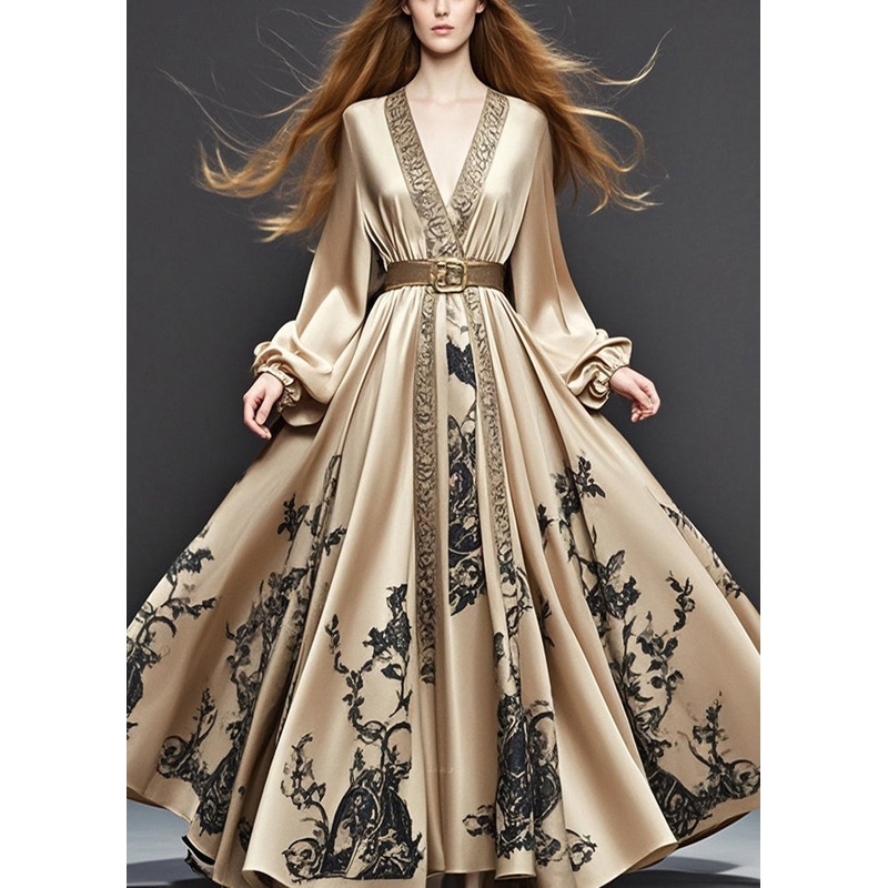 Beautiful Khaki Print Silk Dress Cinched Exra Large Hem Fall