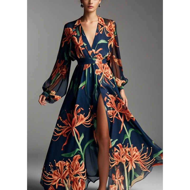 Beautiful Navy V Neck Print Chiffon Beach Dresses Fall
