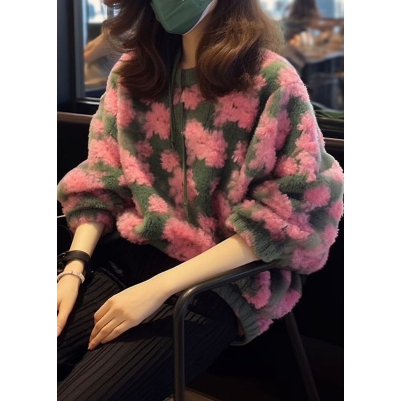 Beautiful Pink O Neck Jacquard Faux Fur Knit Sweaters Fall