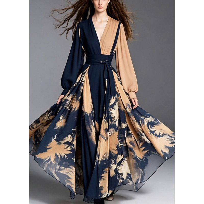 Bohemian Asymmetrical Patchwork Exra Large Hem Chiffon Cinched Dress Fall
