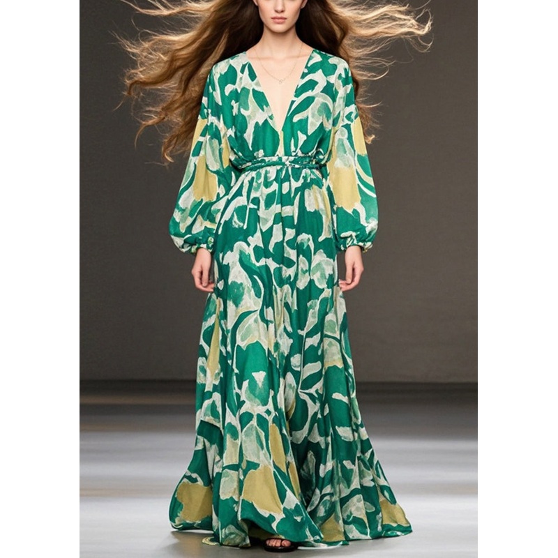 Bohemian Green V Neck Print Chiffon Holiday Dresses Fall