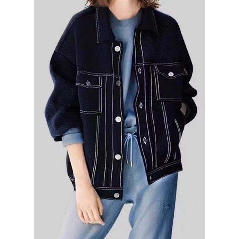 Boutique Navy Peter Pan Collar Pockets Knit Coat Fall