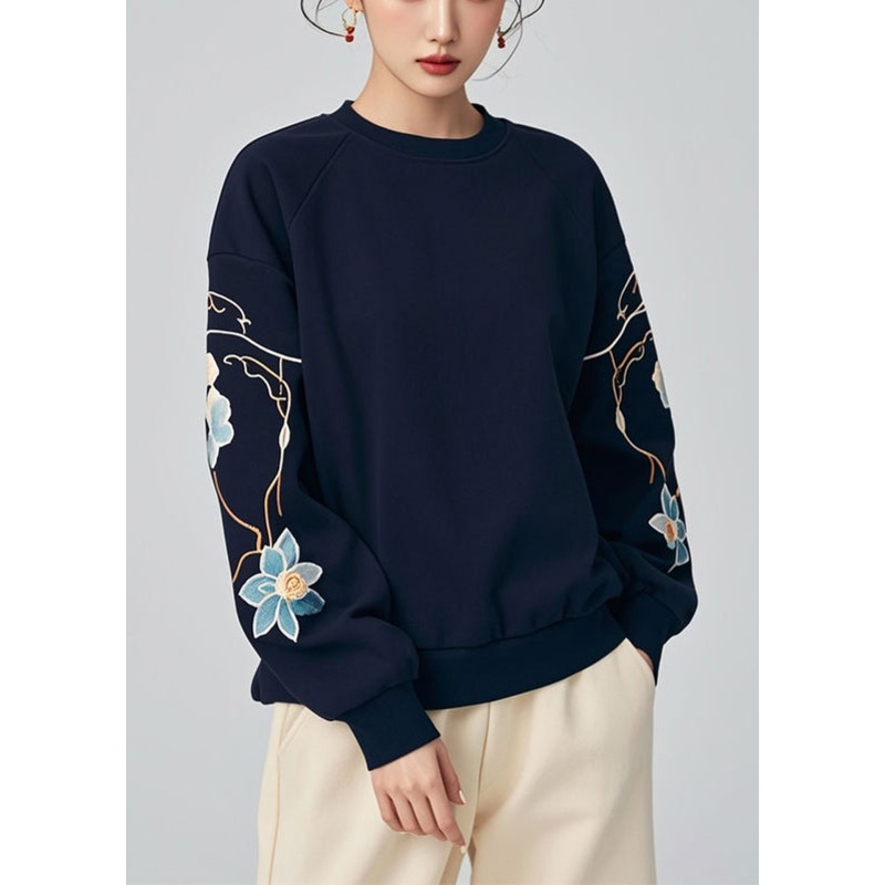 Casual Navy O Neck Print Solid Warm Fleece Sweatshirts Winter