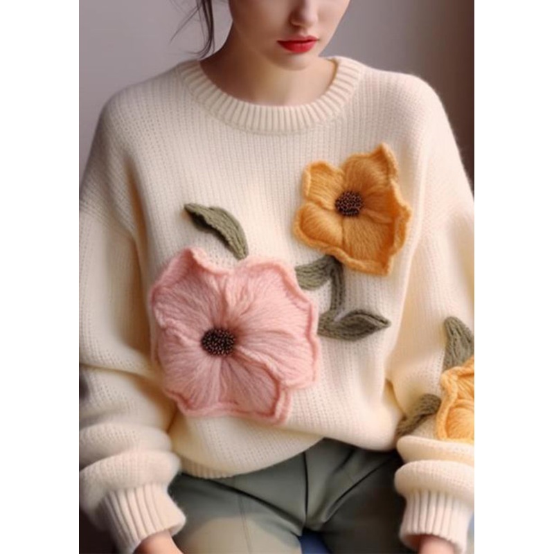 Elegant White O Neck Floral Knit Sweater Tops Fall
