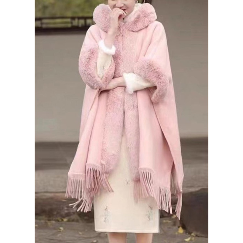 Fashion Pink Fur Collar Tassel Hooded Woolen Coat Fall