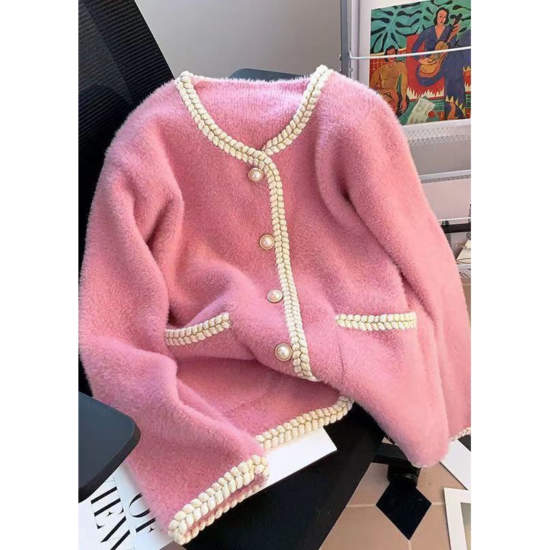 Fashion Pink Pockets Button Mink Hair Knitted Coat Fall