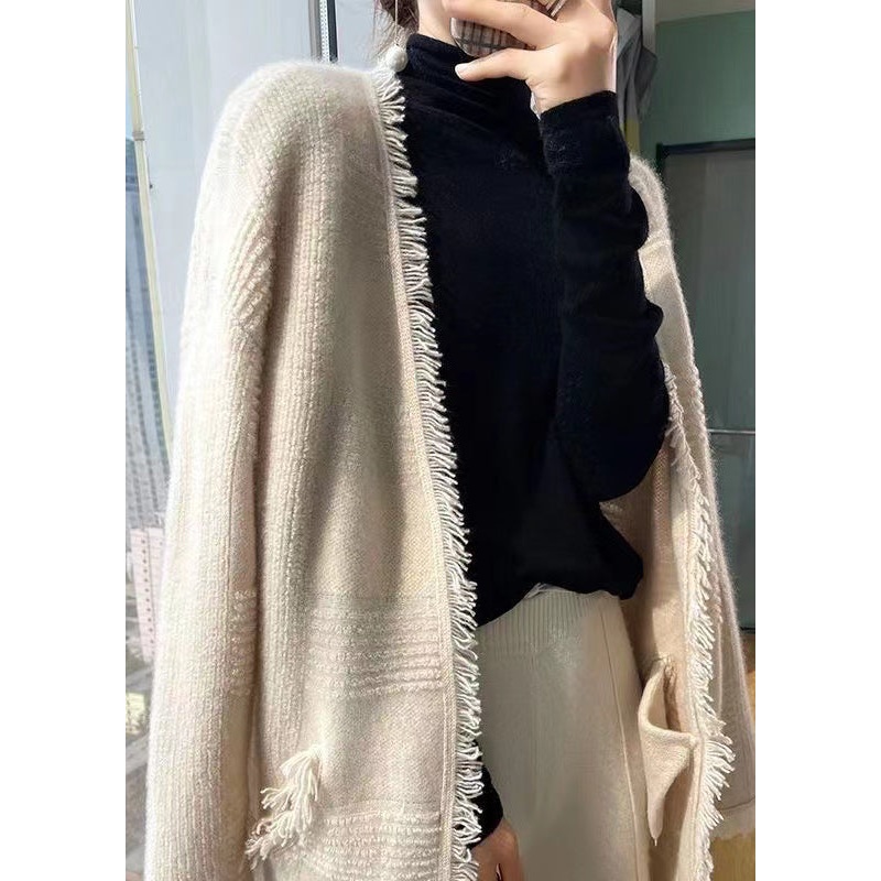 French Apricot Tasseled Pockets Wool Loose Cardigans Fall