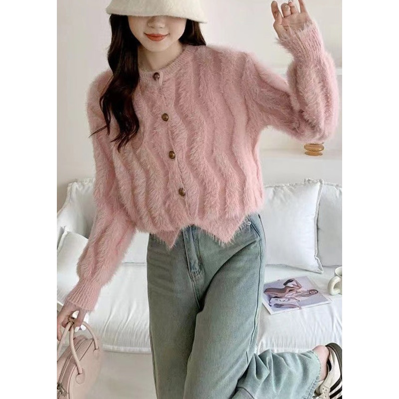 French Pink O Neck Button Mink Hair Knitted Cardigan Fall