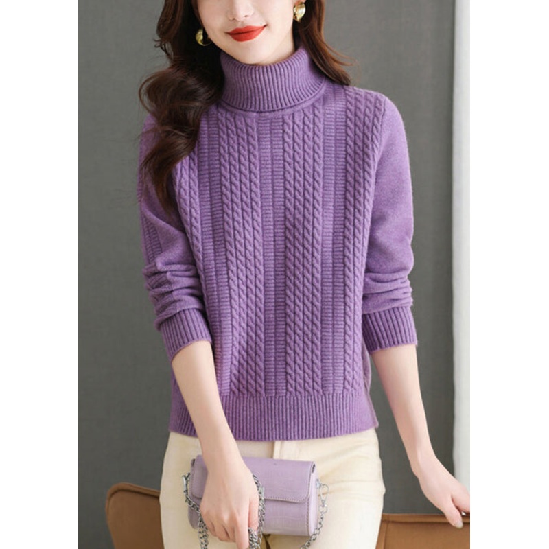 Purple Cozy Thick Knit Sweaters Turtleneck Winter