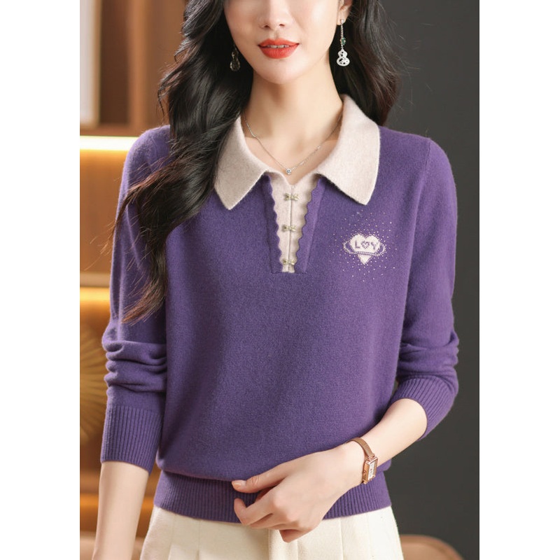 Purple False Two Pieces Wool Knit Sweaters Peter Pan Collar Winter
