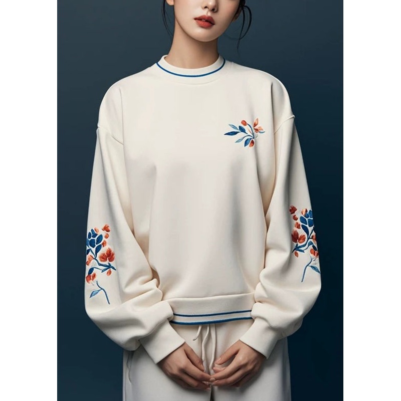 Simple Beige O Neck Print Cotton Sweatshirts Fall