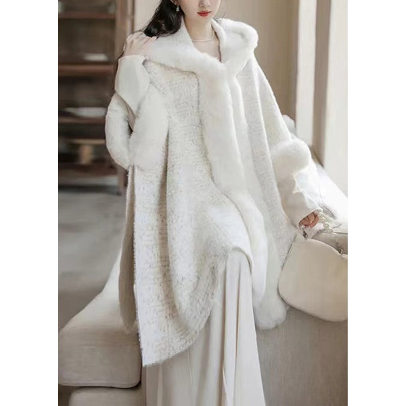 Style White Hooded Fur Patchwork Mink Hair Knitted Cardigan Fall