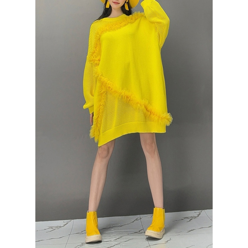 Stylish Yellow Ruffled Patchwork Sweatshirt Lantern Sleeve