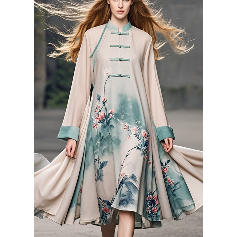 Vintage Apricot Print Chinese Button Chiffon Dress Fall