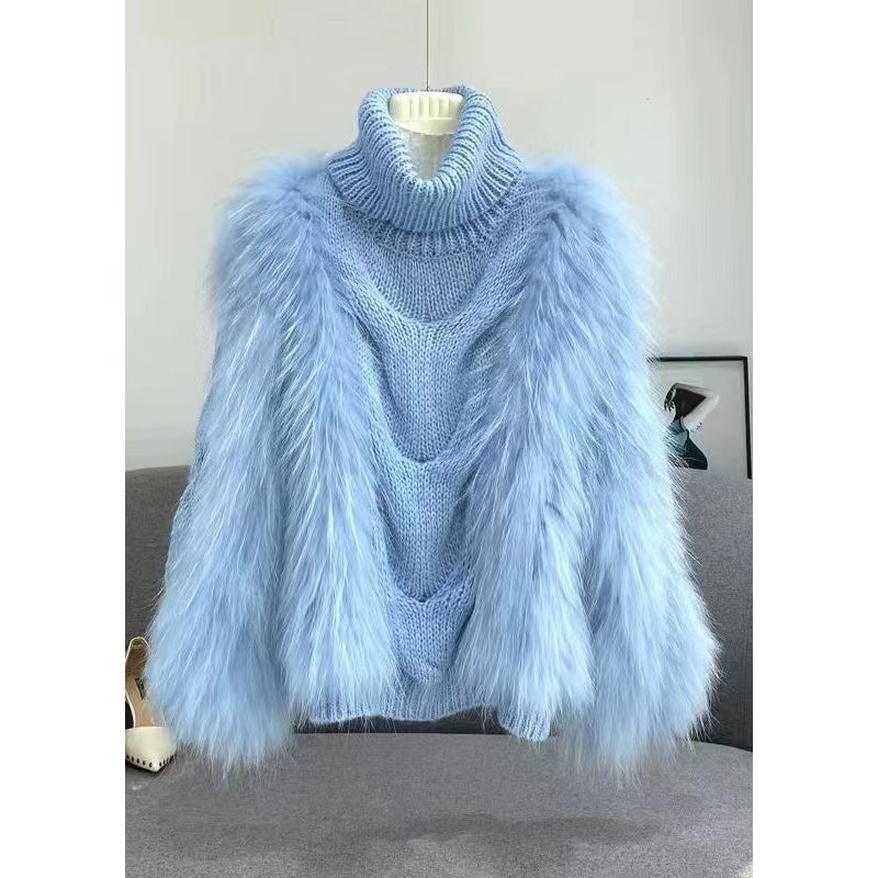 Winter New Blue Raccoon Wool Patchwork Knitted High Collar Sweater