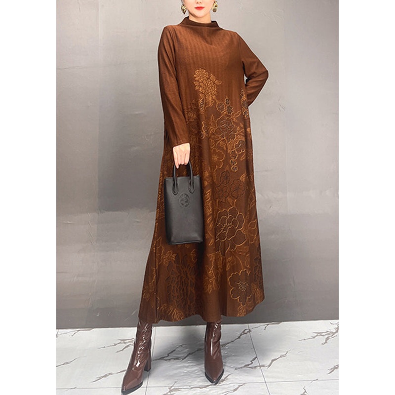Women Brown Stand Collar Print Long Dresses Fall