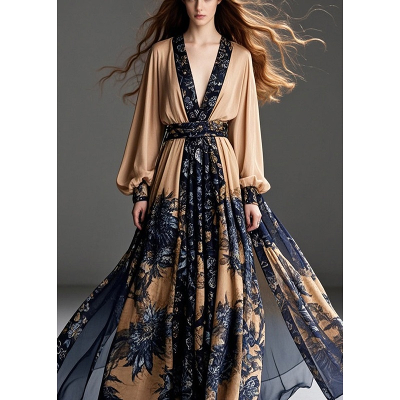 Women Coffee Cinched Print Chiffon Party Dress Exra Large Hem Fall