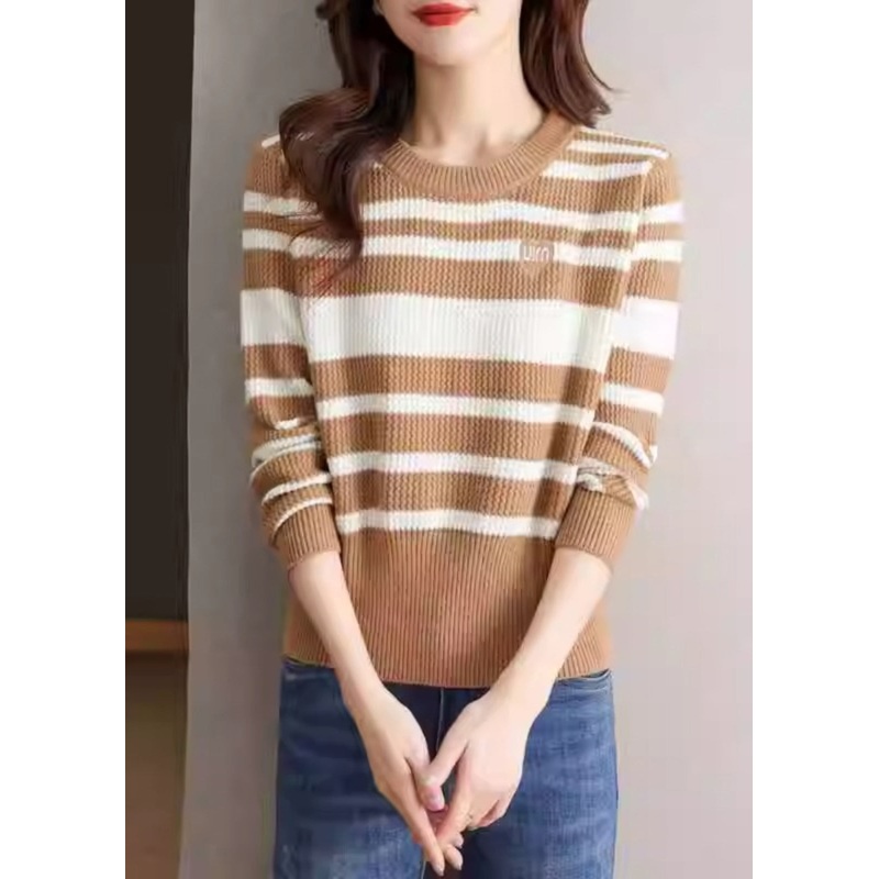 Women Khaki O Neck Striped Cozy Knit Sweater Winter