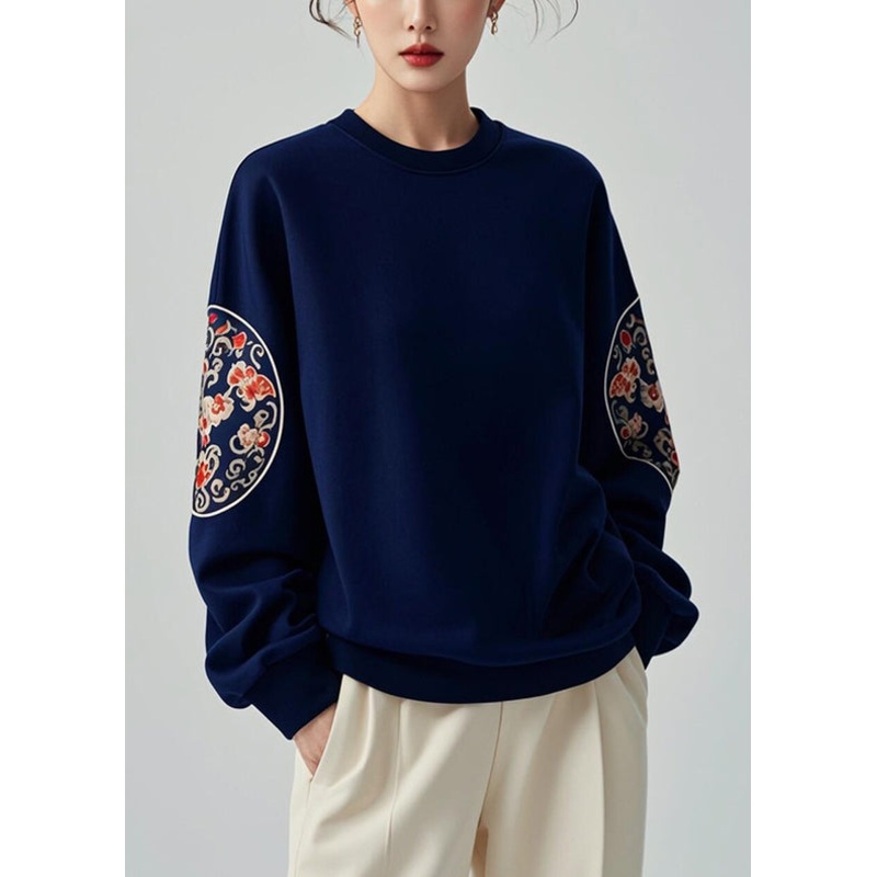 Women Navy O Neck Print Cotton Pullover Sweatshirts Fall