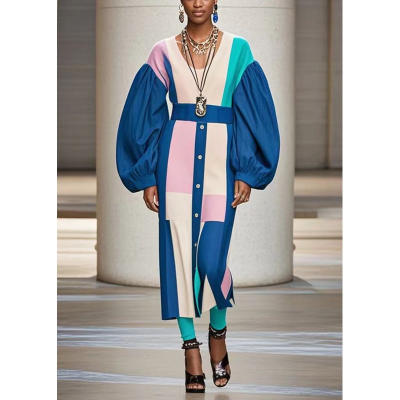 Beautiful Blue O-Neck Patchwork Cotton Dresses Lantern Sleeve