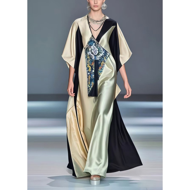 Beautiful Colorblock Asymmetrical Design Oversized Silk Robe Dresses Summer