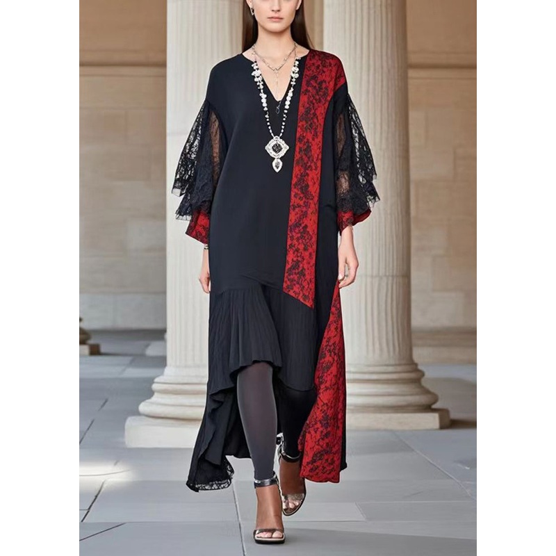Black Patchwork Lace Dress Asymmetrical Design Fall