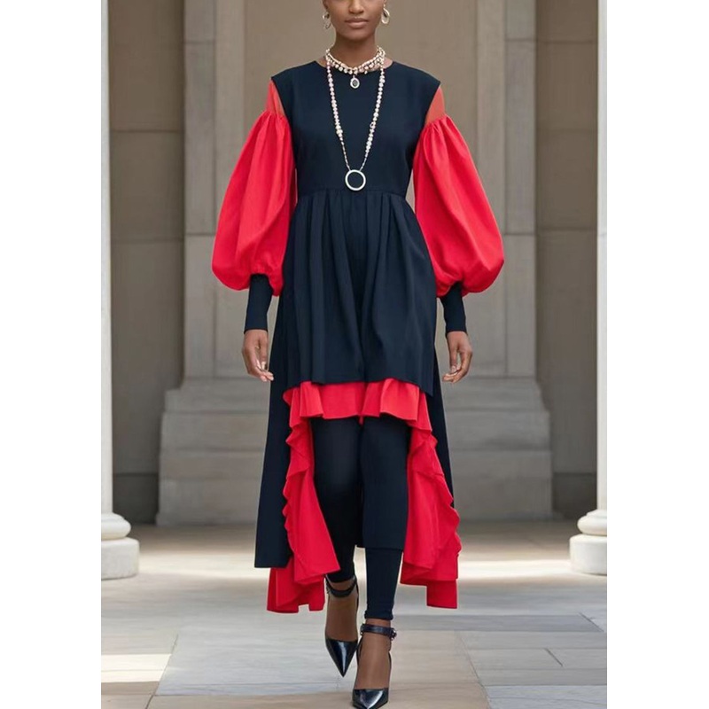 Black Red Patchwork Cotton Fake Two Piece Dresses Low High Design Lantern Sleeve