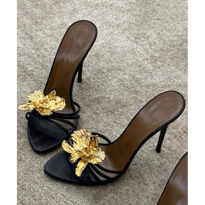 Black Stiletto Faux Leather Fashion Floral Splicing Slide Sandals