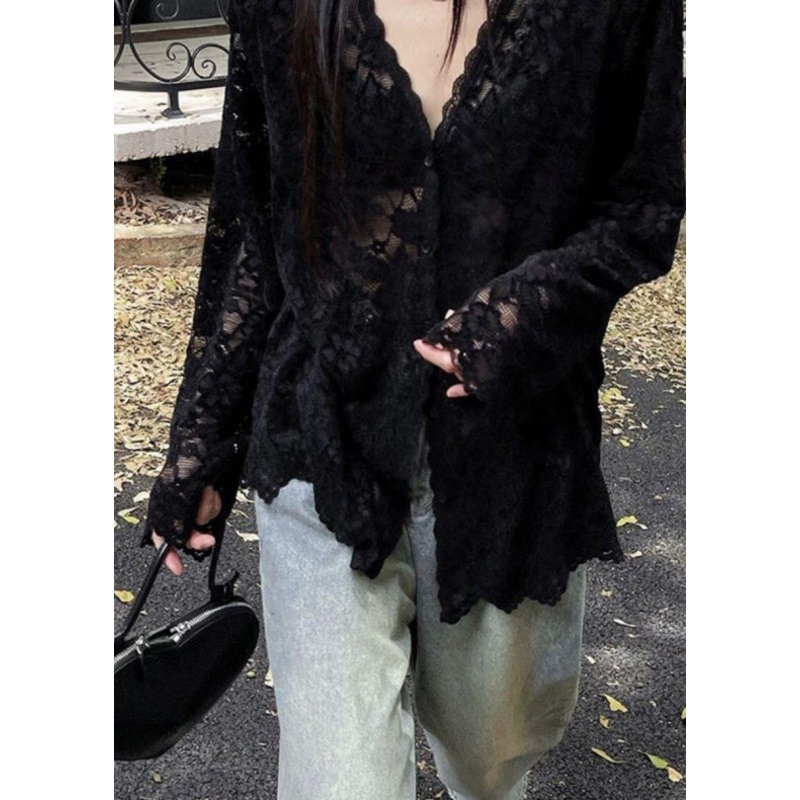 Bohemian Black V Neck Hollow Out Lace Shirt Spring