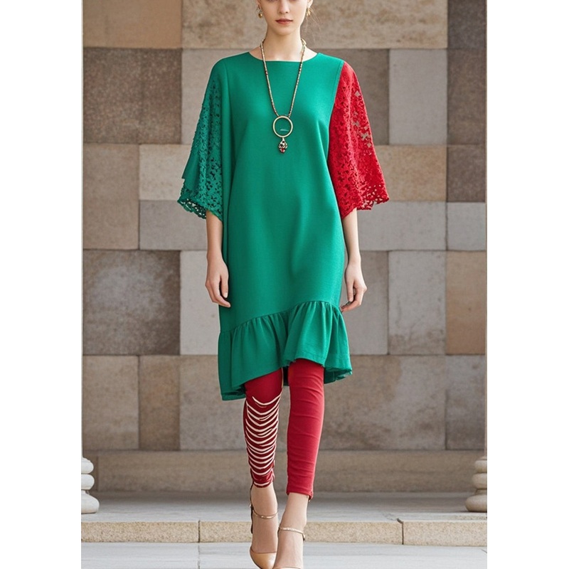 Bohemian Green Ruffles Patchwork Lace Dresses Fall