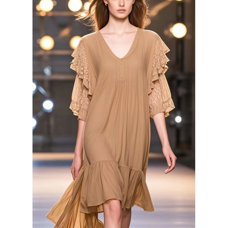 Bohemian Khaki V Neck Patchwork Cotton Work Dress Summer