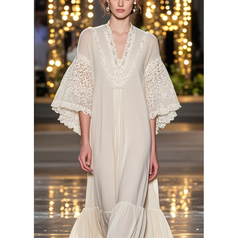 Bohemian White V Neck Patchwork Lace Ankle Dress Flare Sleeve