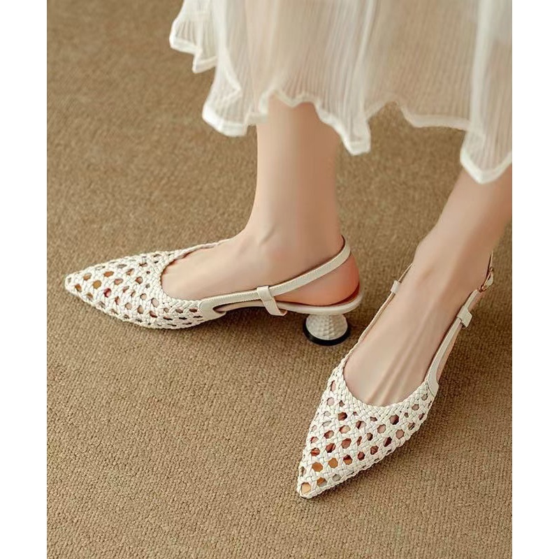 Classy Beige Sandals Splicing Kitten Hollow Out Sandals Pointed Toe