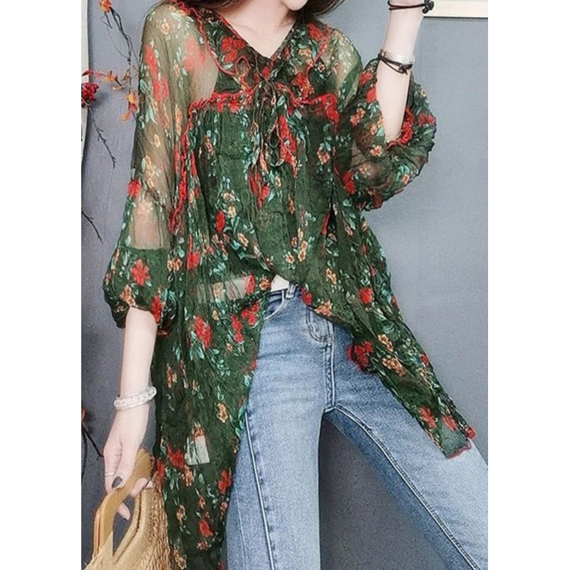 Elegant Green Print Lace Up Thin Chiffon Blouses Summer