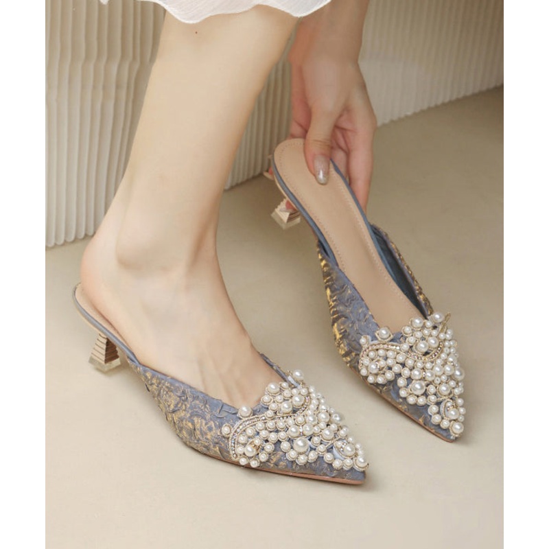 Elegant Splicing High Heel Blue Slide Sandals Nail Bead Pointed Toe