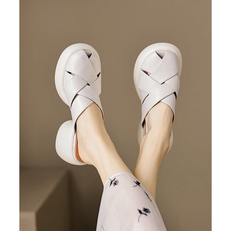 French Splicing Platform White Cowhide Leather Slide Sandals