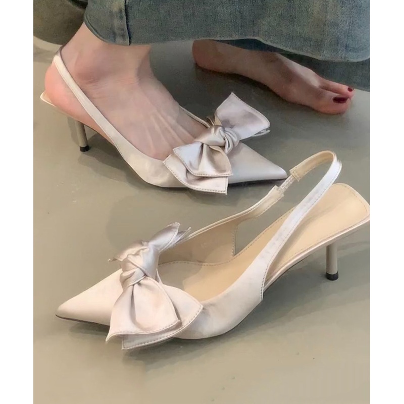 French White Bow Splicing Stiletto Sandals Pointed Toe